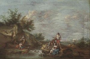 An Italianate River Landscape With Travellers And Anglers, A Town Beyond