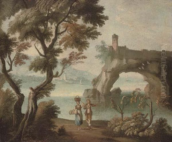 A Mediterranean Coastal Inlet
With Travellers In The Foreground And A Fortification Beyond; And A
Mediterranean Coastal Village With A Washer-woman In The Foreground And
Mountains Beyond - view 1