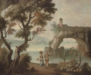 A Mediterranean Coastal Inlet
With Travellers In The Foreground And A Fortification Beyond; And A
Mediterranean Coastal Village With A Washer-woman In The Foreground And
Mountains Beyond by Giuseppe Zais