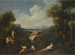 A River Landscape With Nymphs Bathing Before A River God by Giuseppe Zais