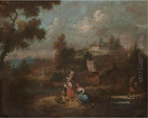 A River Landscape With A Mother And Her Children In The Foreground by Giuseppe Zais