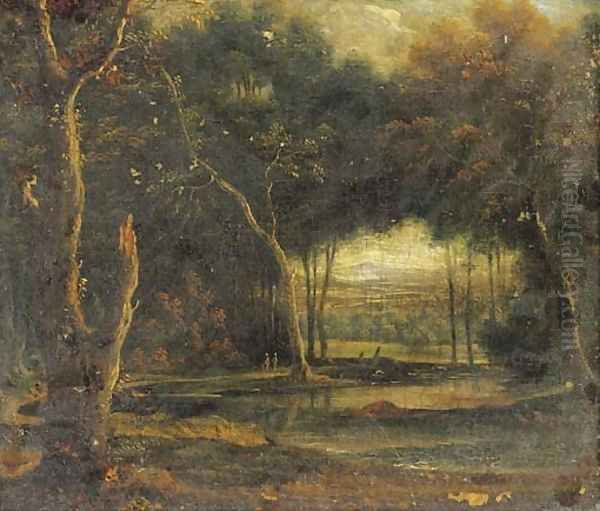 A wooded landscape with figures by a pond - view 1
