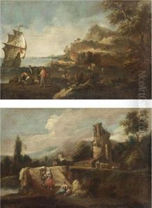 Veduta Costiera Con Figure E
Un'imbarcazione; Paesaggio Con Contadini Vicino A Una Cascina by Giuseppe Zais