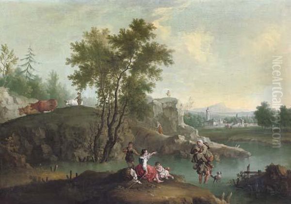 A Hilly Landscape With A Washerwoman And Her Children - view 1