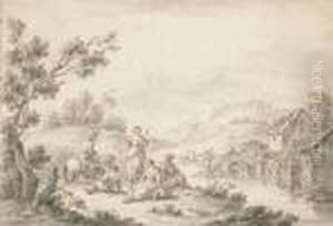 Hommes Et Femme Se Reposant Au Bord D'une Riviere, Un Moulin A L'arriere-plan by Giuseppe Zais