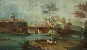Italienische Landschaft Mit Figurenstaffage, Ortschaft Und Brucke. by Giuseppe Zais