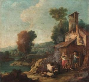 Paesaggio Fluviale Con Torrione, Tempietto E Carovana Di Viandanti by Giuseppe Zais