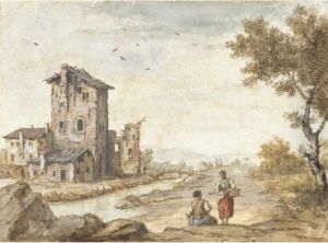 Edifici Rustici Vicino A Un Fiume E Figure