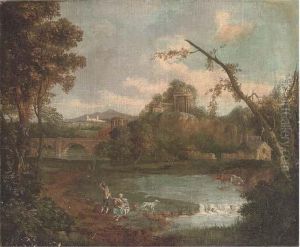 An Extensive Landscape With Figures By A Lake by Giuseppe Zais