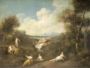 A River Landscape With Nymphs Bathing, A River God Beyond by Giuseppe Zais