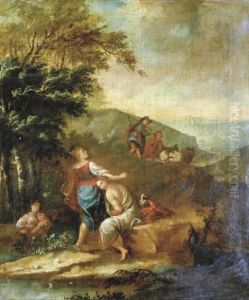 Nymphs Bathing In A Forest Clearing With Herders On A Pathbeyond