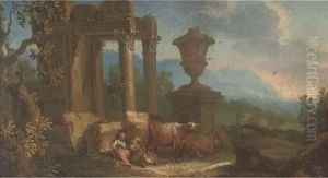 Drovers And Their Cattle Resting By Classical Ruins by Giuseppe Zais