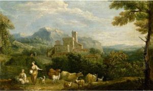 Pastoral Landscape With Drovers In The Foreground A Hill Top Town Beyond