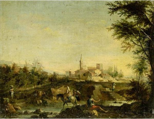 Italianate Landscape With Figures Beside A River, A Town Beyond - view 1