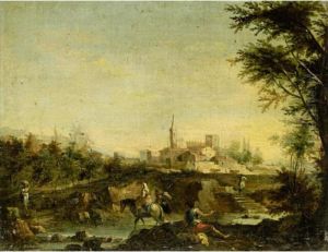 Italianate Landscape With Figures Beside A River, A Town Beyond by Giuseppe Zais