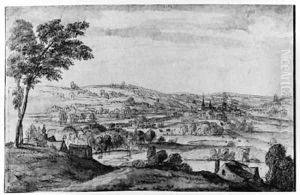 An extensive wooded hilly Landscape with a Monastery in the foreground, a town beyond by Lucas Van Uden