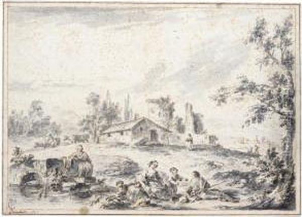 Rural Landscape With Peasants Resting By A Stream - view 1