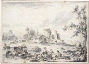 Rural Landscape With Peasants Resting By A Stream by Giuseppe Zais