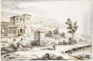 Landscape With Figures On A Road By A Villa by Giuseppe Zais