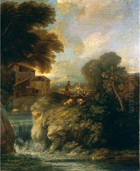 Paesaggio Con Cascata, Pastori, Animali, Ed Un Casolare Sullo Sfondo - view 1