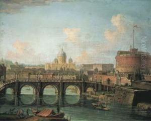 The Tiber, Rome, With The Castel
 Sant' Angelo And Saint Peter's Inthe Background; And The Roman Forum by Giuseppe Zais