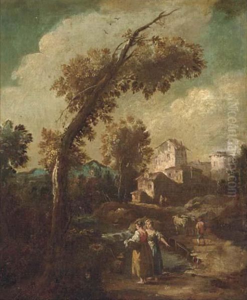A River Landscape With Washerwomen And Herdsmen, A Townbeyond - view 1