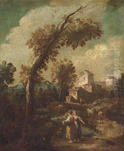 A River Landscape With Washerwomen And Herdsmen, A Townbeyond by Giuseppe Zais