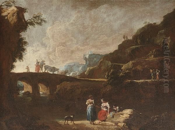 A Rocky River Landscape With
Figures Resting Beside The Bank, Drovers Crossing A Bridge Beyond; And
An Extensive Landscape With Peasants By A River Bank Calling To Others
In A Boat Beyond - view 1