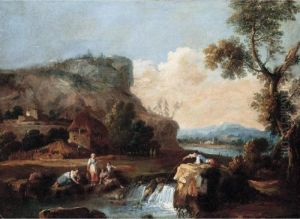 A Pastoral Landscape With A Fisherman And Other Figures By A Stream by Giuseppe Zais
