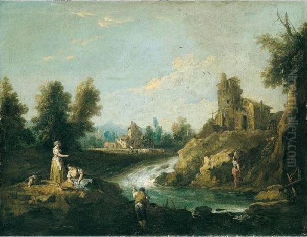 A River Landscape With A
Fisherman And Women In The Foreground, A Woman Carrying Water Towards A
House Beyond - view 1