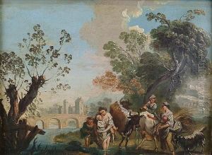 An Italianate Landscape With Peasants And Cattle Fording A River, A Bridge Beyond by Giuseppe Zais