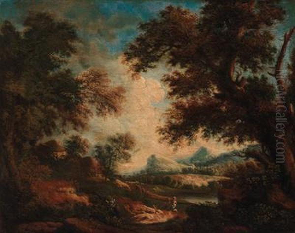Peasants Resting In Extensive Wooded River Landscapes - view 1