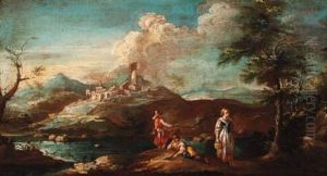 A River Landscape With Fishermen And A Maid On A Bank, A Townbeyond