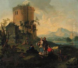 A River Landscape With Peasant Women Resting And An Angler By Farmbuildings Beyond by Giuseppe Zais
