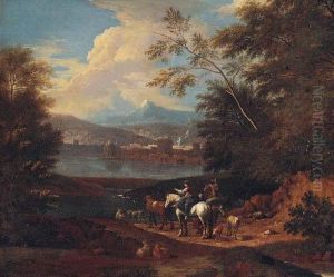 Drovers By A River, A Town And Mountains Beyond