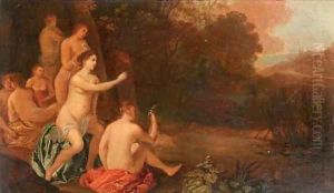 Nymphs bathing in a landscape by Moyses or Moses Matheusz. van Uyttenbroeck