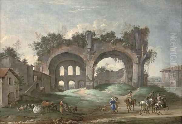A classical Roman capriccio with travellers near the Temple of Vesta and other ruins by Jacob Van Der Ulft
