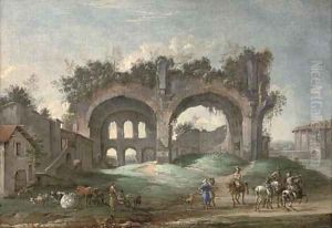 A classical Roman capriccio with travellers near the Temple of Vesta and other ruins