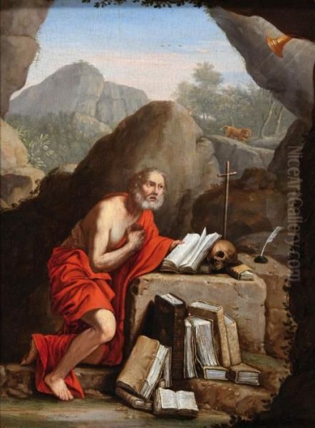 Hilly Landscape,in The
Foreground Saint Jerome Kneeling In Front Of A Stone Altarwith A Skull
And Some Books - view 1