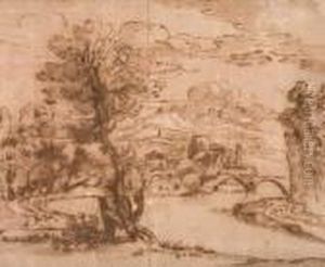 River Landscape With A Castle Near A Bridge
