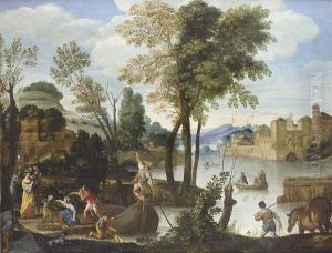 A River Landscape With Elegant Figures Disembarking A Ferry
