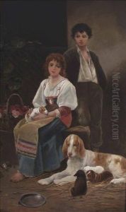 Children With A Dog And Puppies