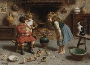 Tending The Chickens by Eugenio Zampighi