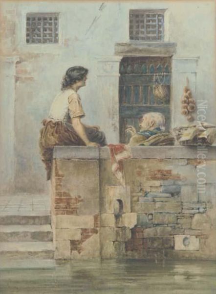 An Idle Conversation By A Venetian Canal - view 1
