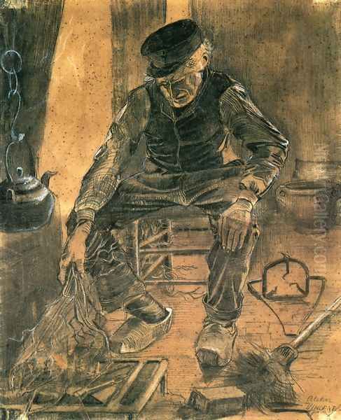 An Old Man Putting Dry Rice on the Hearth - view 1