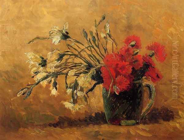 Vase With Red And White Carnations On Yellow Background - view 1
