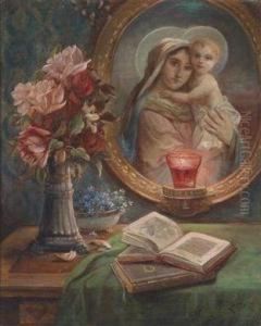 Still Life With Roses And Picture Of The Madonna by Hans Zatzka