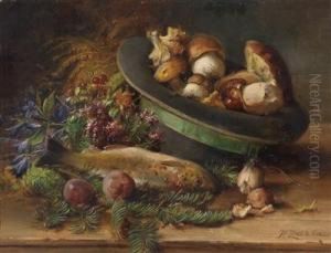 Autumnal Stilllife With Mushrooms And Fish by Hans Zatzka