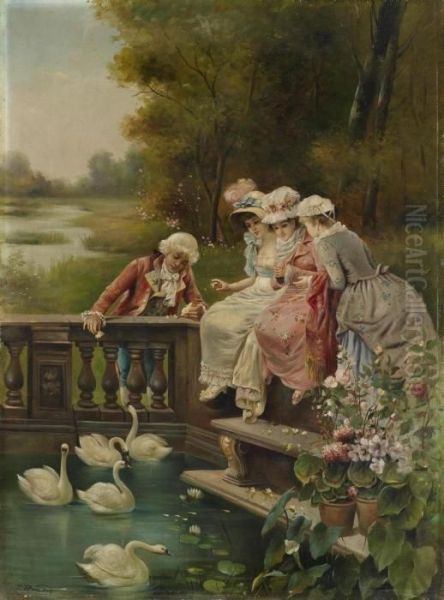 Three Young Ladies And A Gentleman In Rococo Costume Feeding The Swans In The Park - view 1