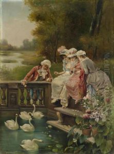 Three Young Ladies And A Gentleman In Rococo Costume Feeding The Swans In The Park